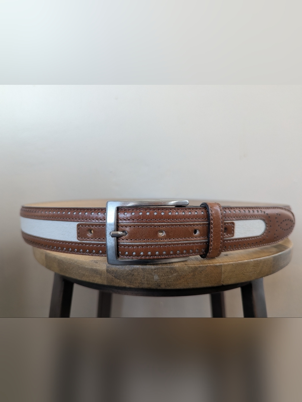 Paul Fredrick Italian Canvas Leather Belt, Brown & White/Cream (SIZE 38)